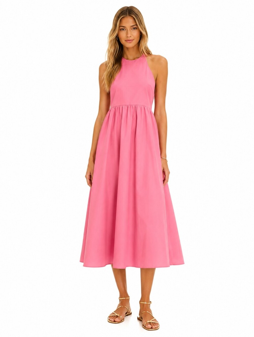 Zara Pink Poplin Halter Neck Midi Dress In Bubblegum Pink Size XS